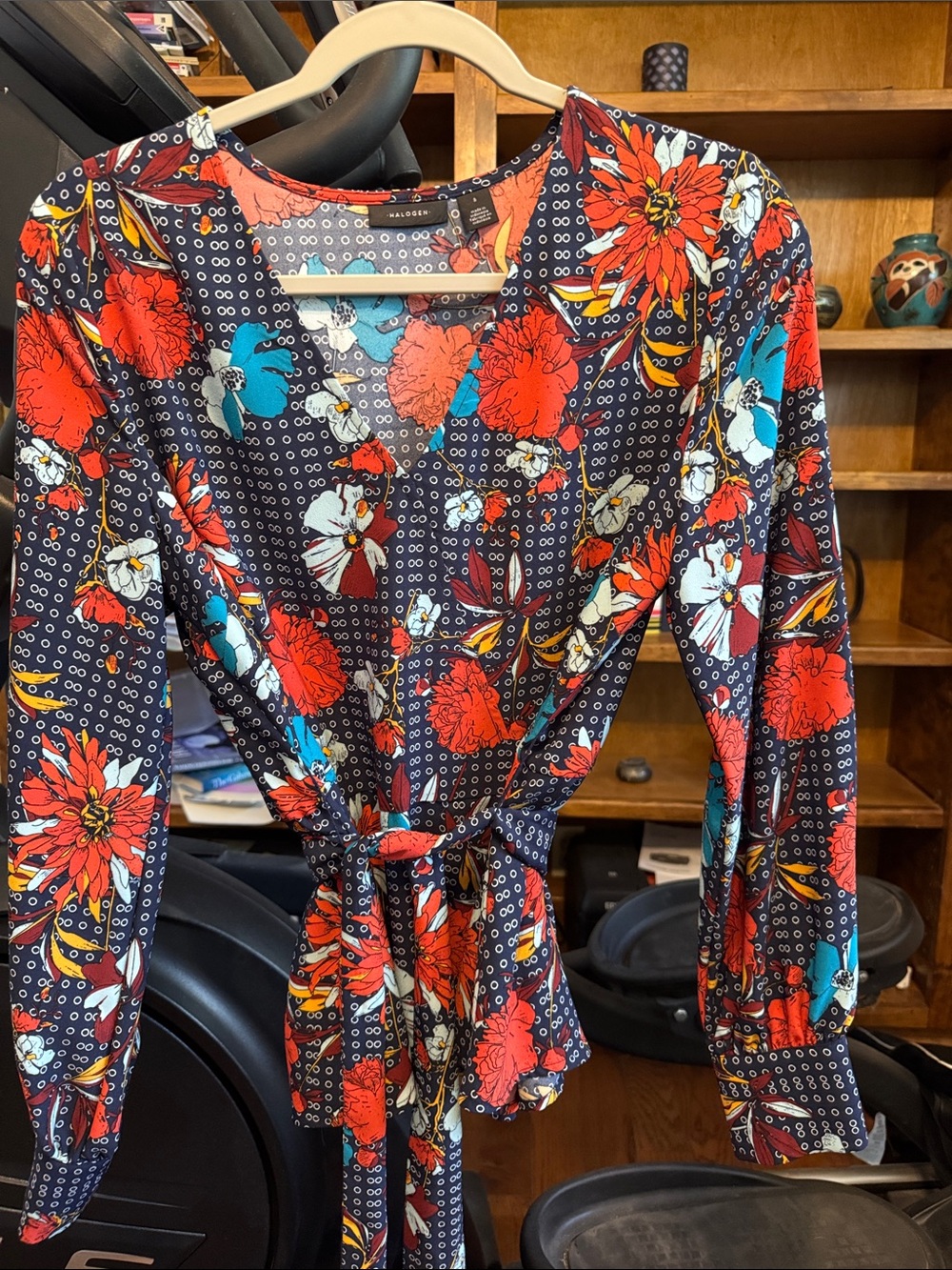 Halogen Navy Wrap Blouse with Red & Teal Floral Print Sz S